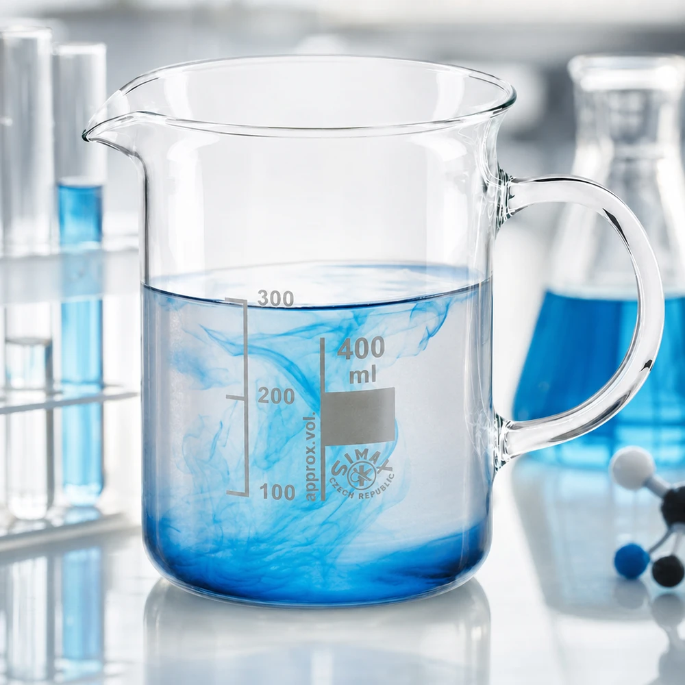 Bécher avec poignée 400ml en verre borosilicate résistant à la chaleur (forme normale) Verre becher de 400 ml avec anse, colorant bleu soluble dans l'eau, verre borosilicaté, matériel de laboratoire