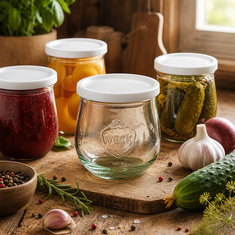Bocal tulipe de 370 ml avec couvercle hermétique WECK RR80 WECK Pot tulipe 370ml RR80 dans une scène de cuisine avec des conserves, des épices et des herbes disposées sur une planche en bois