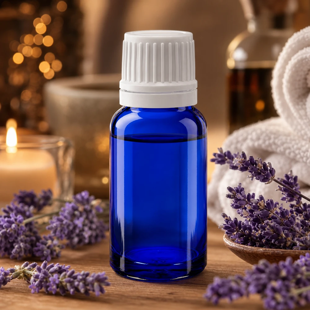 Petit flacon en verre bleu de 10 ml avec bouchon de sécurité enfant blanc pour huiles essentielles