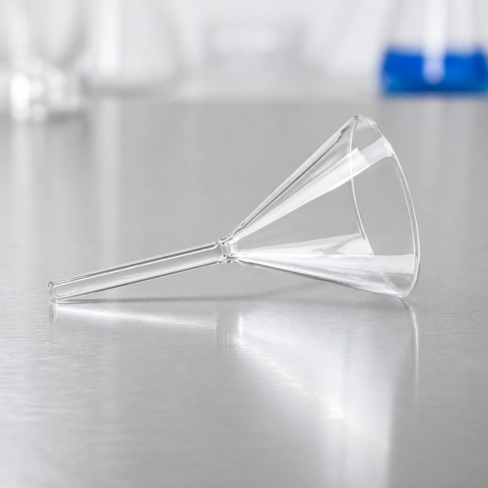 Entonnoir Ø 80mm - verre sodocalcique - angle 60° Entonnoir de laboratoire robuste en verre sodocalcique, au design compact permettant un rangement peu encombrant