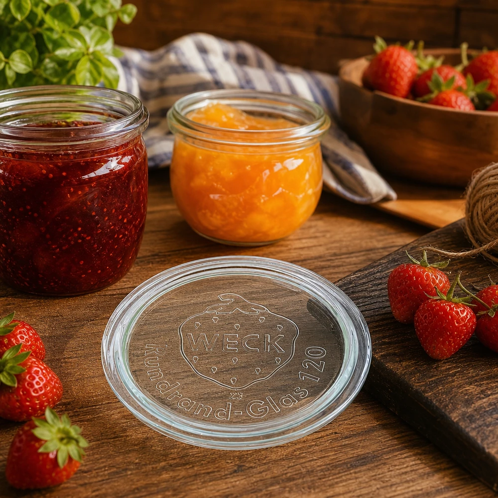 Couvercle en verre WECK RR120 WECK Glasdeckel RR120 für stilvolle Marmeladengläser und Konservierung von Obst in rustikaler Küche mit Erdbeeren