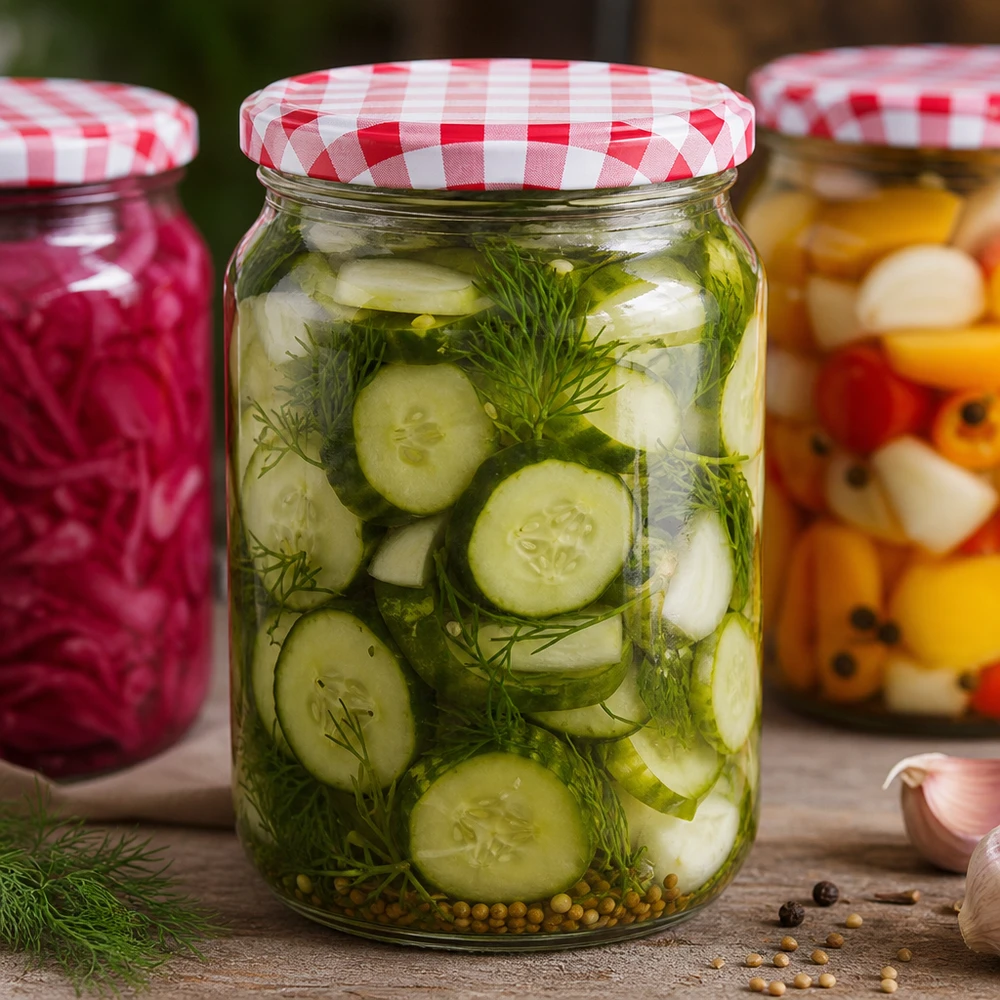 Pot rond de 795ml avec couvercle BasicSeal rempli de cornichons et d'aneth marinés, bocal pour conserver les légumes