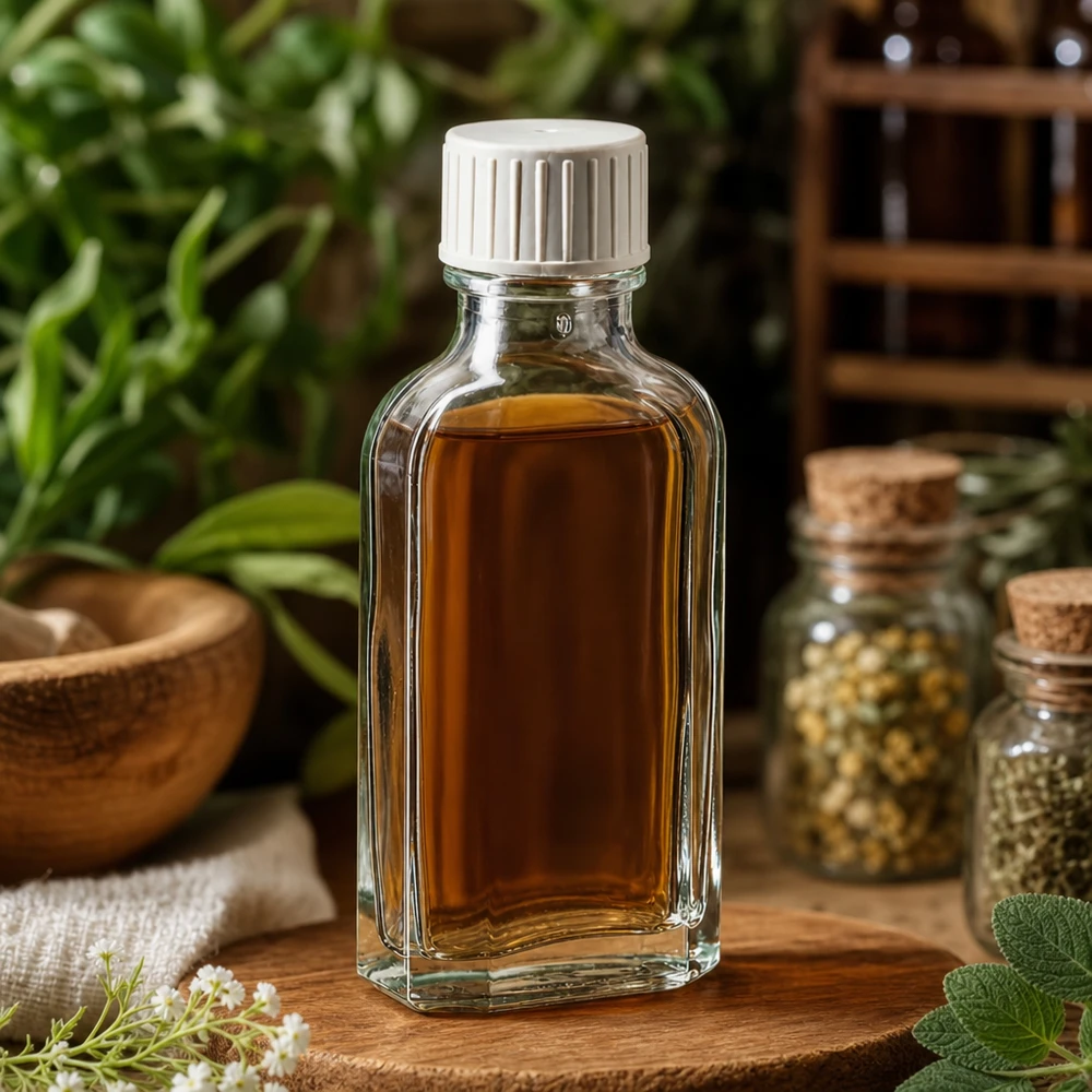 Flacon rectangulaire en verre de 50 ml muni d'un bec verseur, rempli de teinture à base de plantes, posé sur une planche en bois