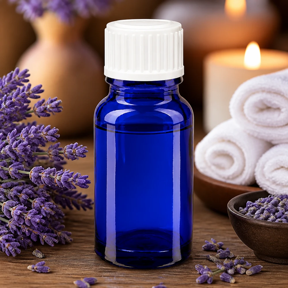 Petit flacon en verre bleu de 10 ml avec bouchon de sécurité blanc pour enfants, destiné aux huiles essentielles