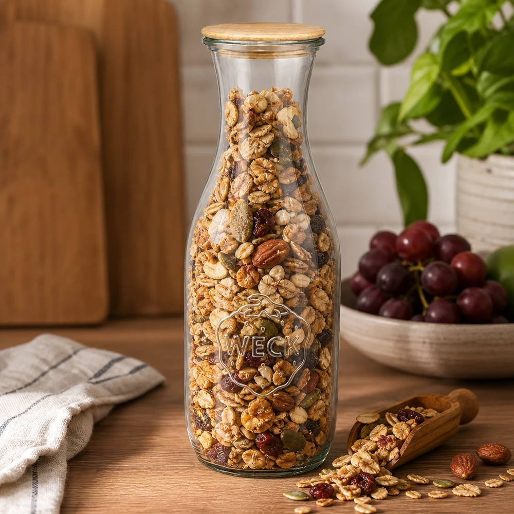 1062ml Bouteille à jus de fruits WECK RR60 avec couvercle en bois WECK Bouteille de jus de fruits 1062ml avec couvercle en bois remplie de céréales et de noix sur une table en bois à côté de raisins et d'une pelle