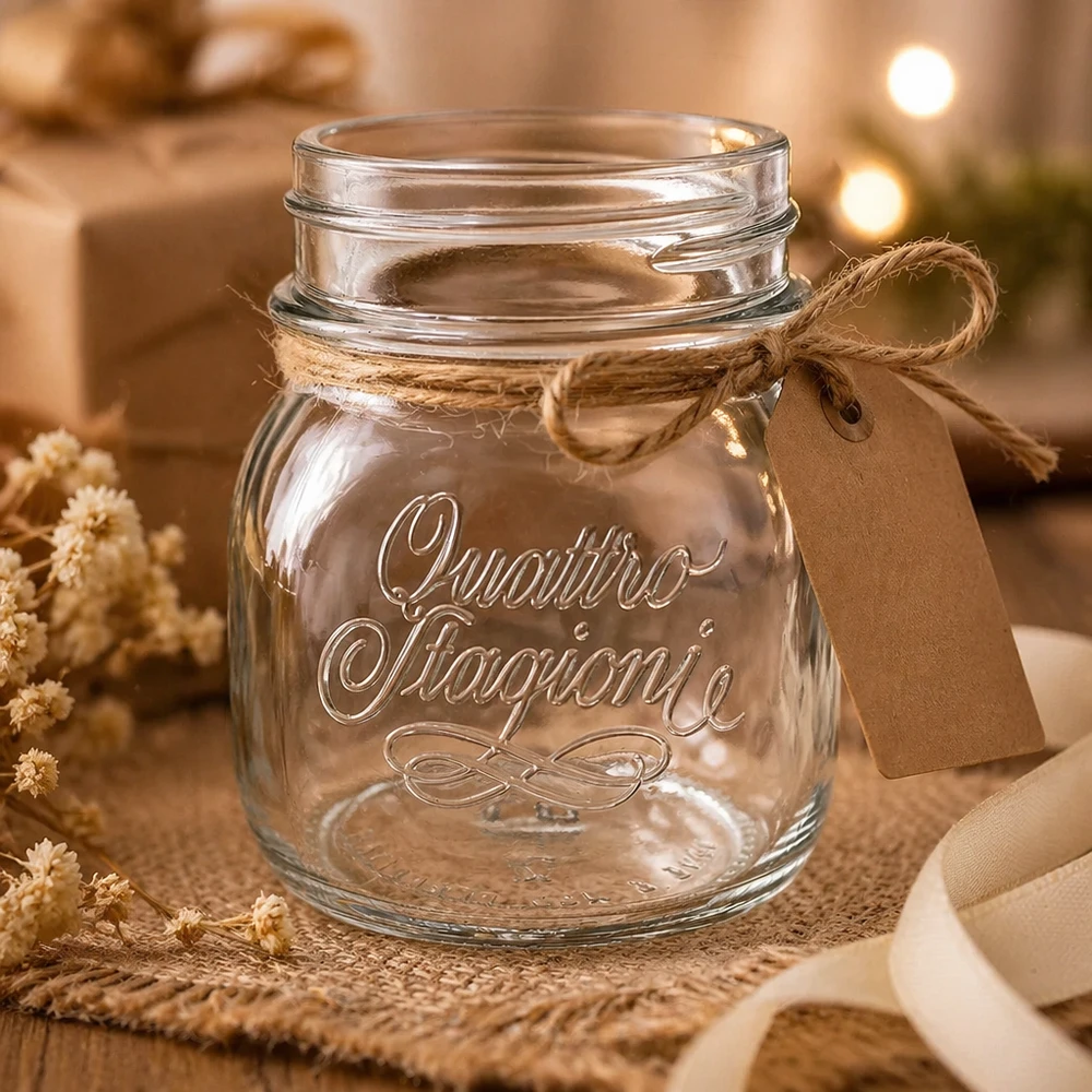 150ml verre rond "Quattro Stagioni" QS56mm 150ml Quattro Stagioni Pot ménager avec couvercle et bande de jute, pot décoratif sur table rustique en bois