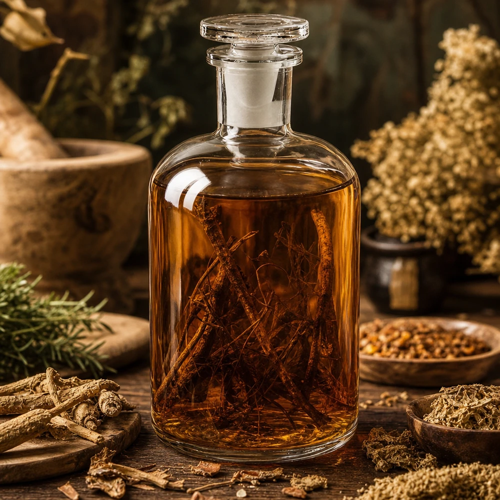 Flacon pharmaceutique 500 ml col étroit en verre clair + bouchon Bouteille en verre transparent à col étroit de 500 ml, contenant une teinture à base de plantes, avec des fleurs de sureau en arrière-plan