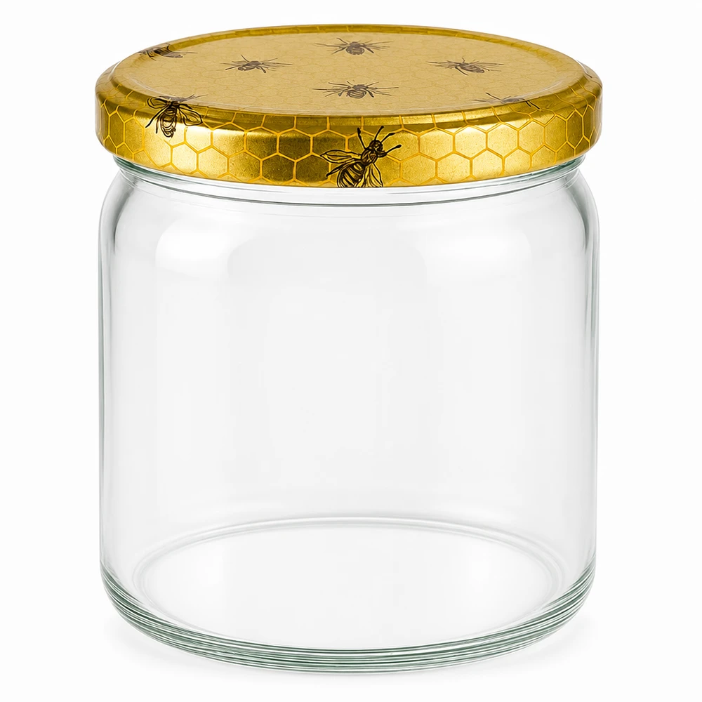 408ml Rundglas mit goldenem Bienenwaben-Deckel - leeres Honigglas für Küche und Vorratshaltung von Glas-Fabrik.de