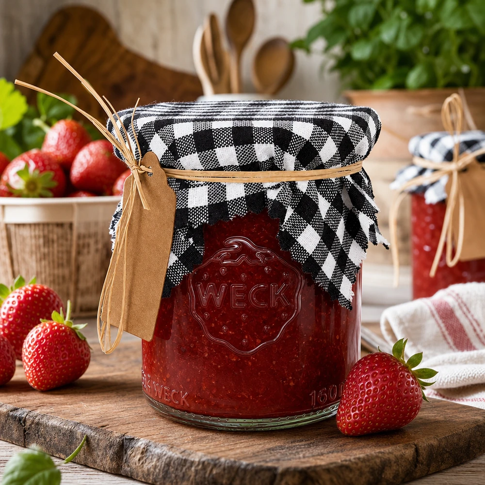Napperon en tissu à carreaux noir et blanc sur un pot de confiture avec des fraises, décoration de cuisine rustique de style vintage