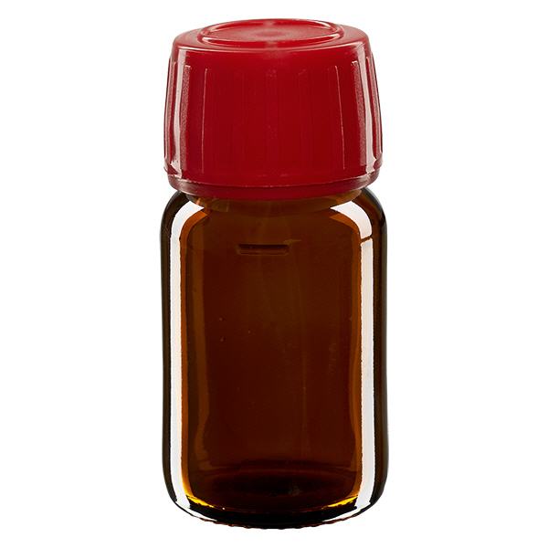 Flacon médical 30 ml couleur ambrée avec bouchon rouge Flacon médical 30 ml couleur ambrée avec bouchon rouge