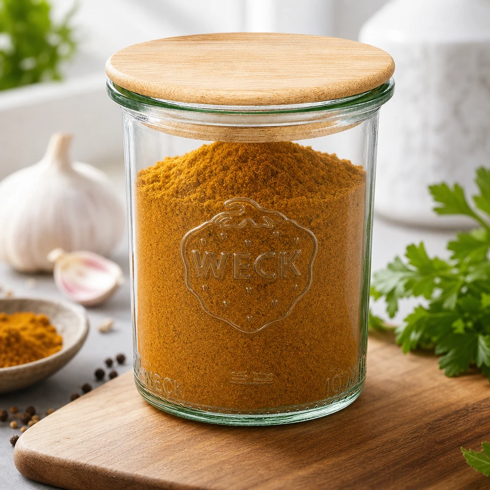 160ml bocal conique WECK RR60 avec couvercle en bois WECK Verre renversé 160ml RR60 avec couvercle en bambou rempli d'épices au curcuma planche de cuisine ail herbes