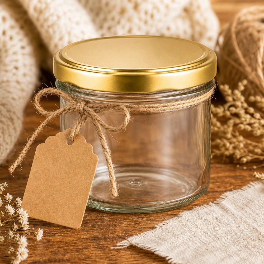 225ml verre renversé UNiTWIST vide avec couvercle doré et pendentif comme emballage cadeau sur bois rustique
