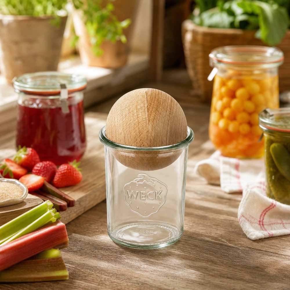 160ml bocal conique WECK RR60 avec boule en bois en hêtre WECK Sturzglas 160ml mit Buchenkugel in rustikaler Küche neben Marmeladengläsern und frischen Zutaten dekoriert