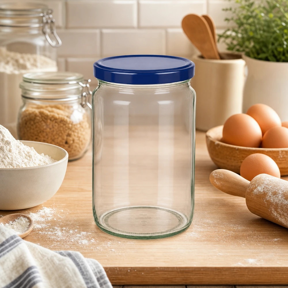 795ml Verre rond avec couvercle BasicSeal bleu UNiTWIST 795ml Rundglas mit blauem BasicSeal Deckel auf Küchenarbeitsplatte mit Backzutaten Eiern und Mehl für Vorratshaltung