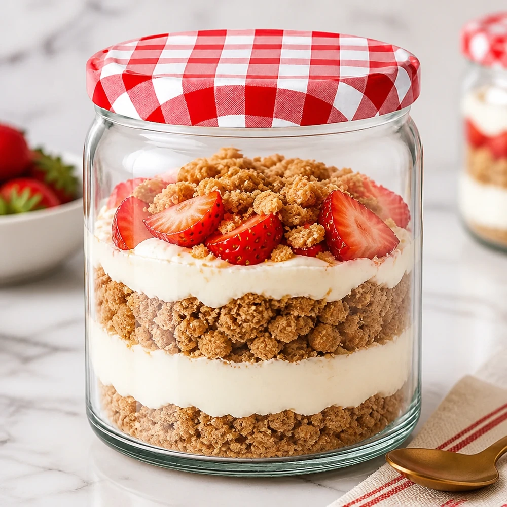 Verre rond de 408ml comme verre à dessert avec dessert stratifié fraises crème crumble BasicSeal couvercle rouge blanc à carreaux