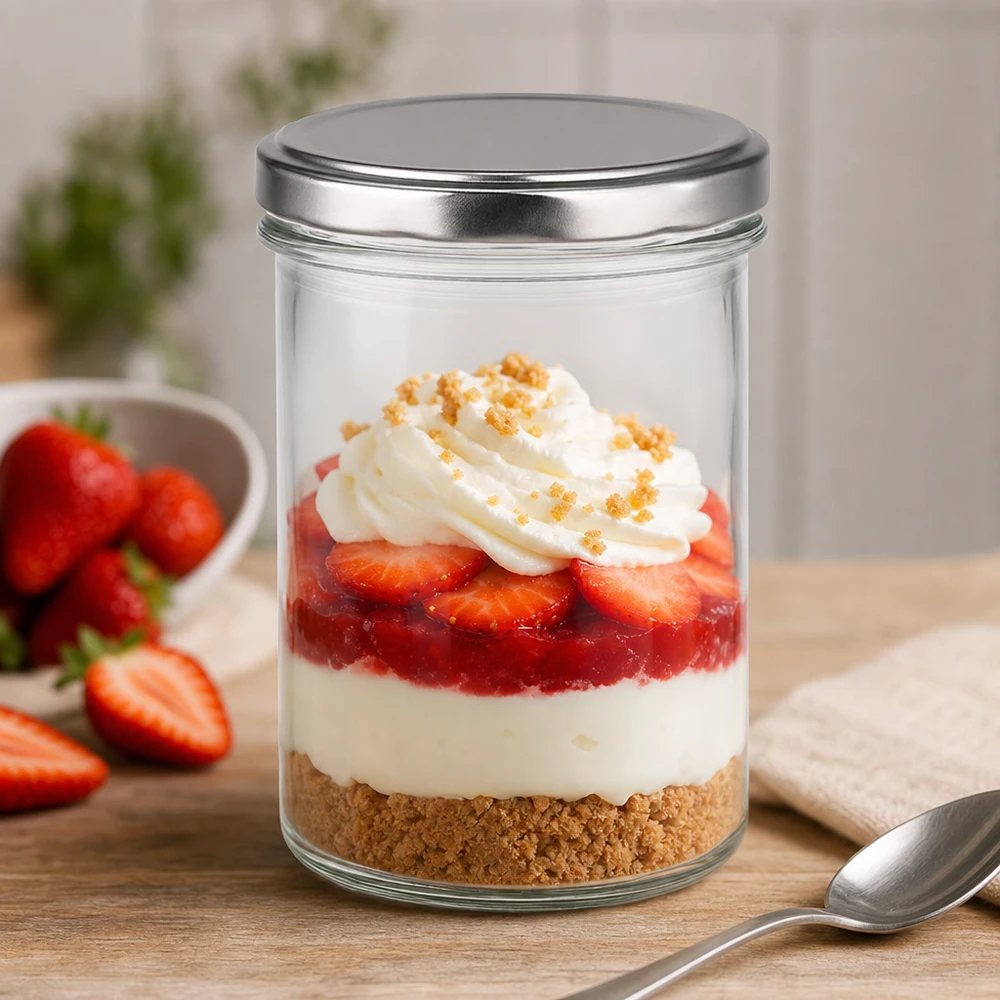 350ml Sturzglas mit BasicSeal Deckel silber als Dessertglas mit Erdbeeren Sahne und Keksboden perfekt für Nachspeisen