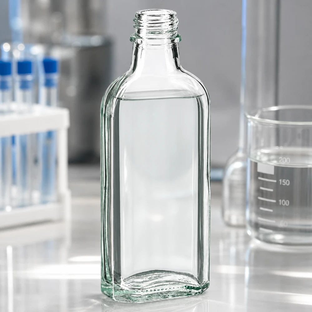 Flasque transparente de 100 ml au goulot DIN 22 Flacon Meplat plat de 100 ml, transparent, avec filetage DIN 22, utilisé dans les laboratoires médicaux
