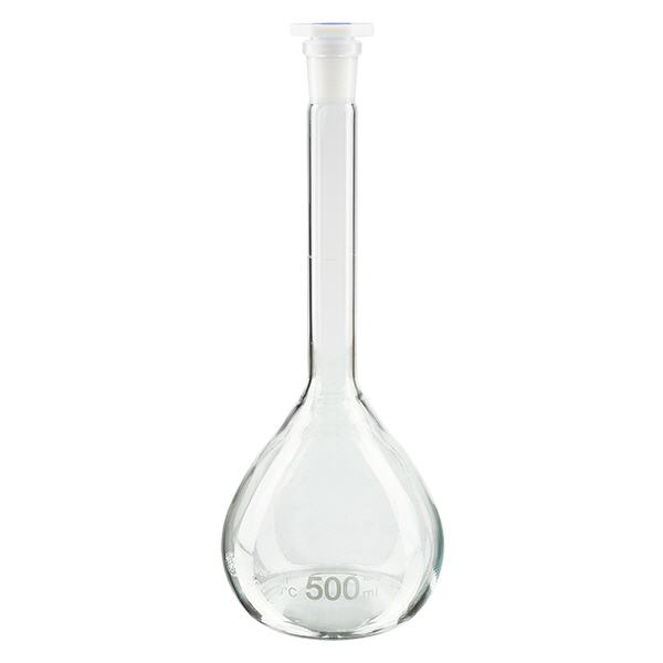 Ballon gradué 500 ml au rodage normalisé 19/26, en verre borosilicate avec bouchon en PEHD Ballon gradué 500 ml au rodage normalisé 19/26, en verre borosilicate avec bouchon en PEHD
