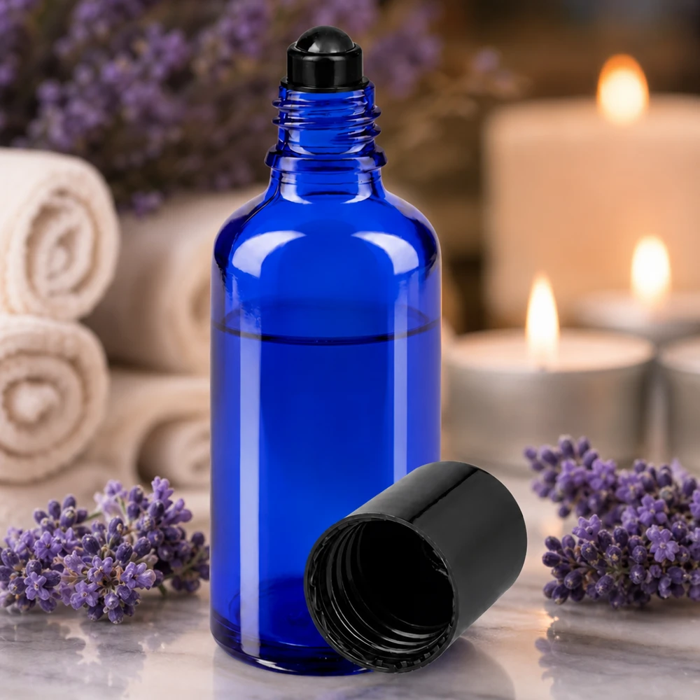 Flacon de déodorant en verre bleu 50 ml, déo à bille vide Flacon roll-on de 50 ml en verre de protection bleu cobalt, muni d'un applicateur à bille noir, destiné à l'aromathérapie