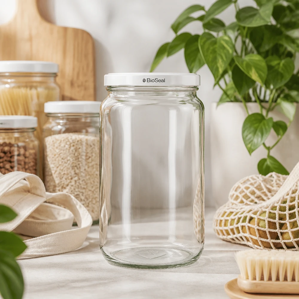 795ml Verre rond avec couvercle BioSeal blanc UNiTWIST UNiTWIST Runda795 Bocal à provisions avec couvercle blanc TO82 BioSeal dans une cuisine durable zéro déchet avec des matériaux naturels
