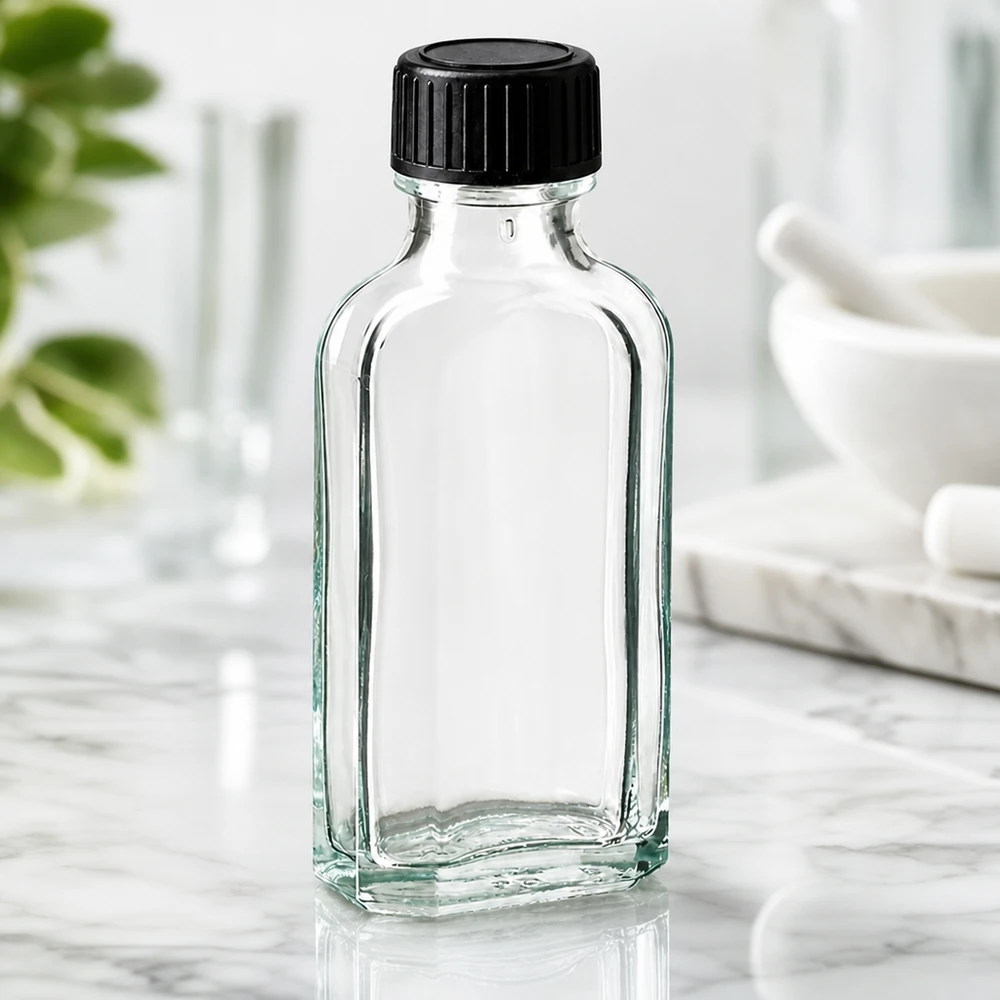 Flasque transparente de 50 ml au goulot DIN 22, avec bouchon à vis DIN 22 noir et joint LKD Flacon en verre transparent « Meplat » de 50 ml avec bouchon à vis noir, posé sur un socle en marbre
