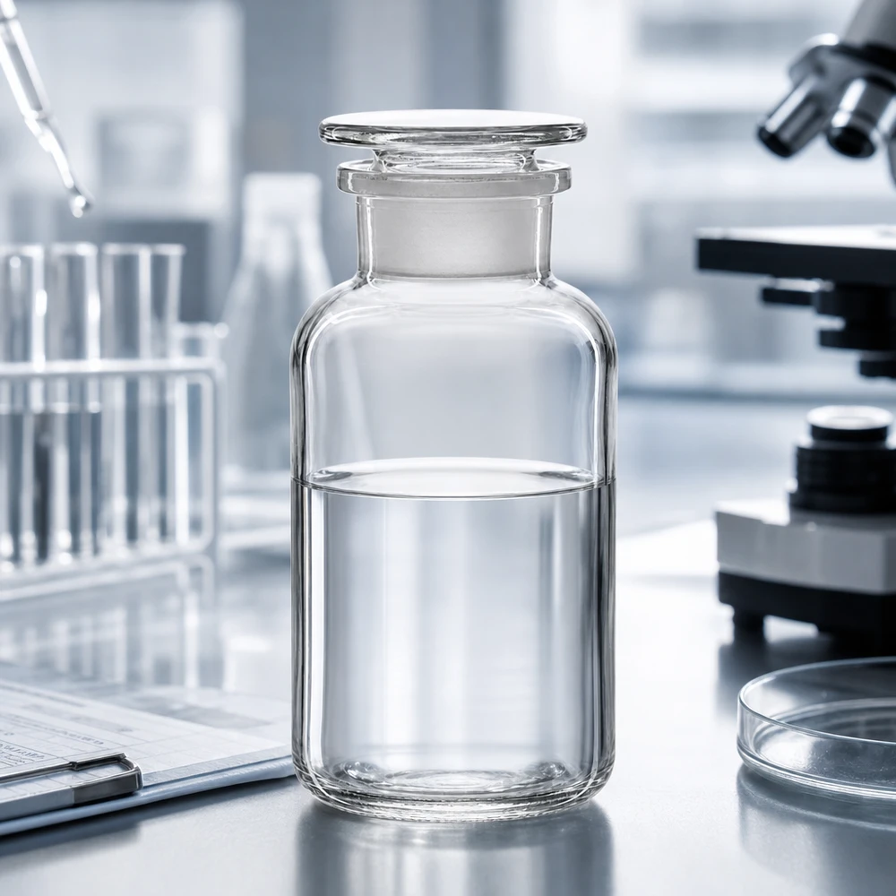 Flacon pharmaceutique 500 ml col large + bouchon verre clair Bouteille à épaulement arrondi de 500 ml, à col large, transparente, posée sur une paillasse de laboratoire avec un microscope et une boîte de Pétri