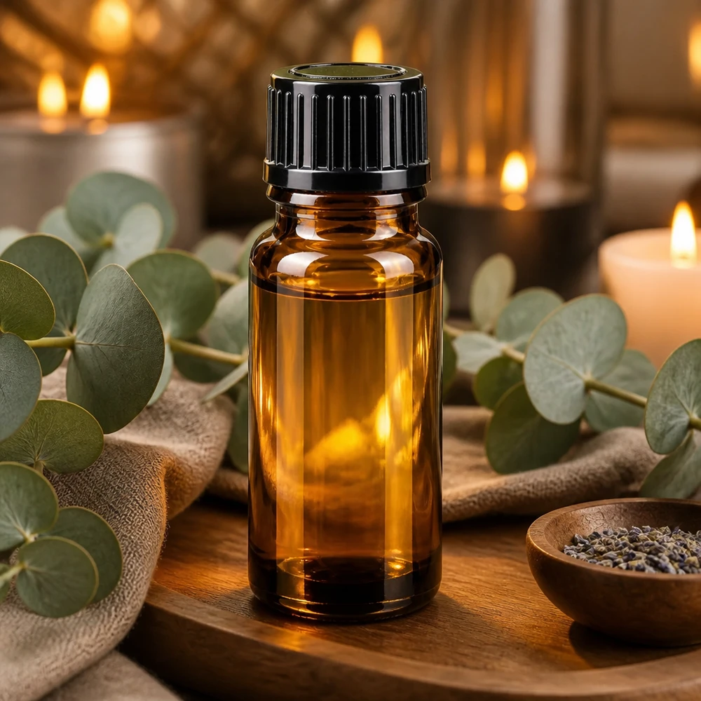 Petite bouteille en verre brun de 10 ml avec bouchon à vis noir pour huiles essentielles