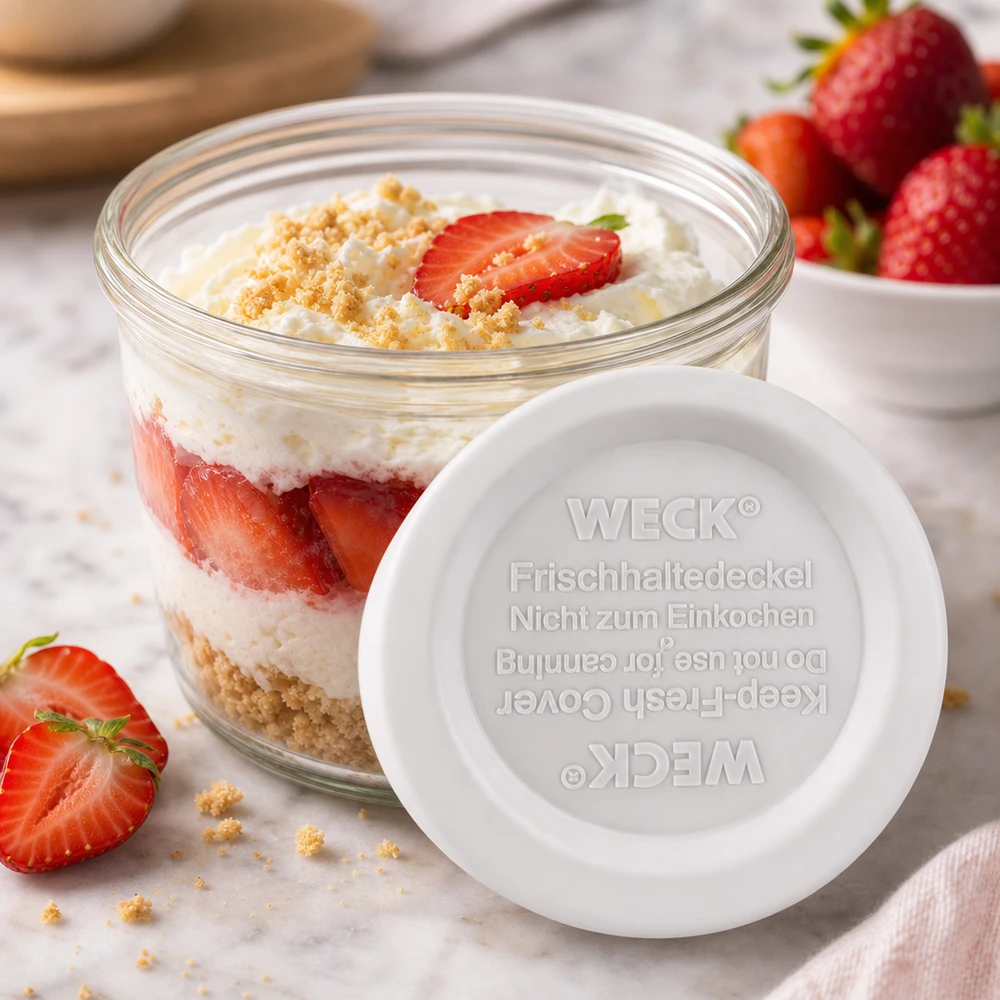 WECK Couvercle fraîcheur RR40 avec dessert à la fraise en pot - parfait pour les desserts sucrés et les desserts en couches