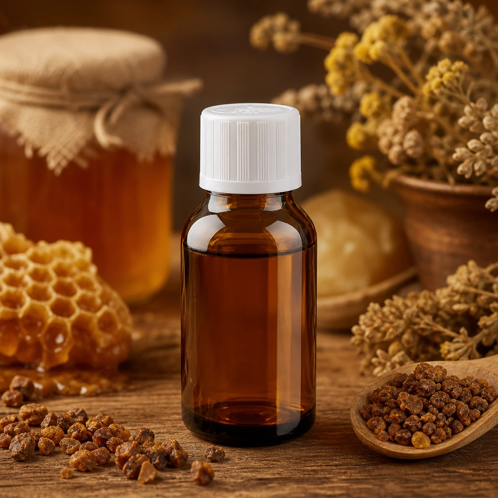 Extrait de propolis dans un flacon de pharmacie brun de 15 ml muni d'un bouchon à vis blanc à l'épreuve des enfants