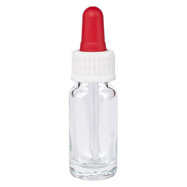 Flacon clair 10 ml + pipette rouge et blanche standard Flacon clair 10 ml + pipette rouge et blanche standard