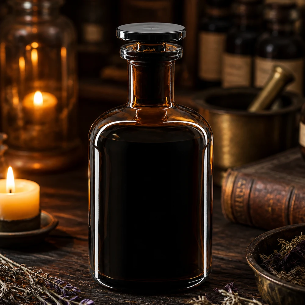 Flacon pharmaceutique 100 ml col étroit en verre ambré + bouchon Flacon de pharmacie vintage de 100 ml, marron, avec un bouchon en verre, posé parmi des bougies et des livres anciens