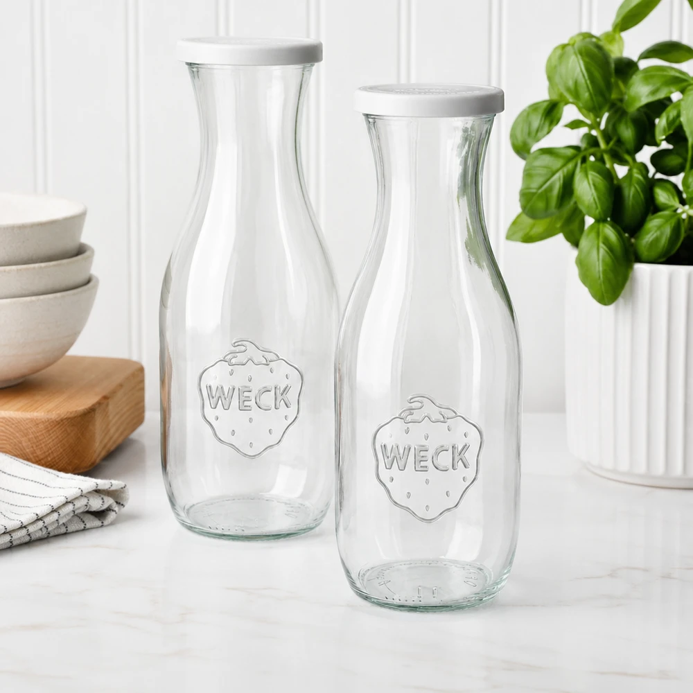 Deux bouteilles de jus WECK 1062ml avec couvercle blanc dans une cuisine moderne à côté de coupes et d'une plante de basilic
