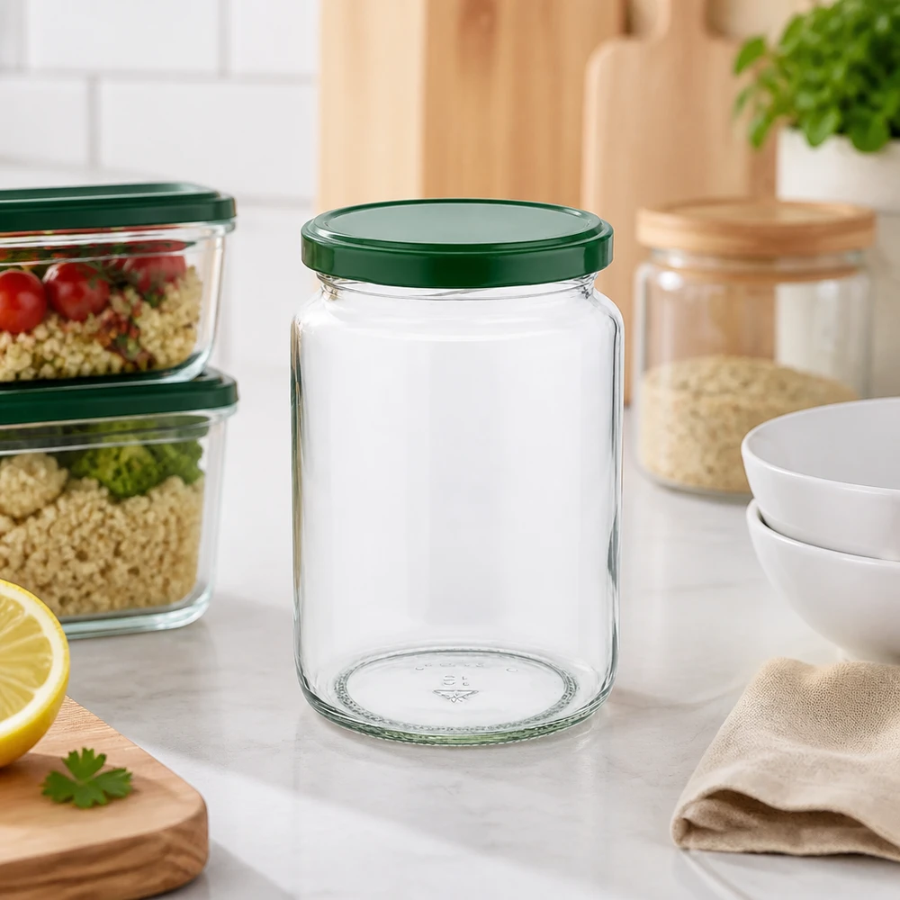 Bocal rond de 795 ml UNiTWIST vide avec couvercle vert BasicSeal dans la cuisine moderne à côté des Meal-Prep-Box et des bocaux à provisions