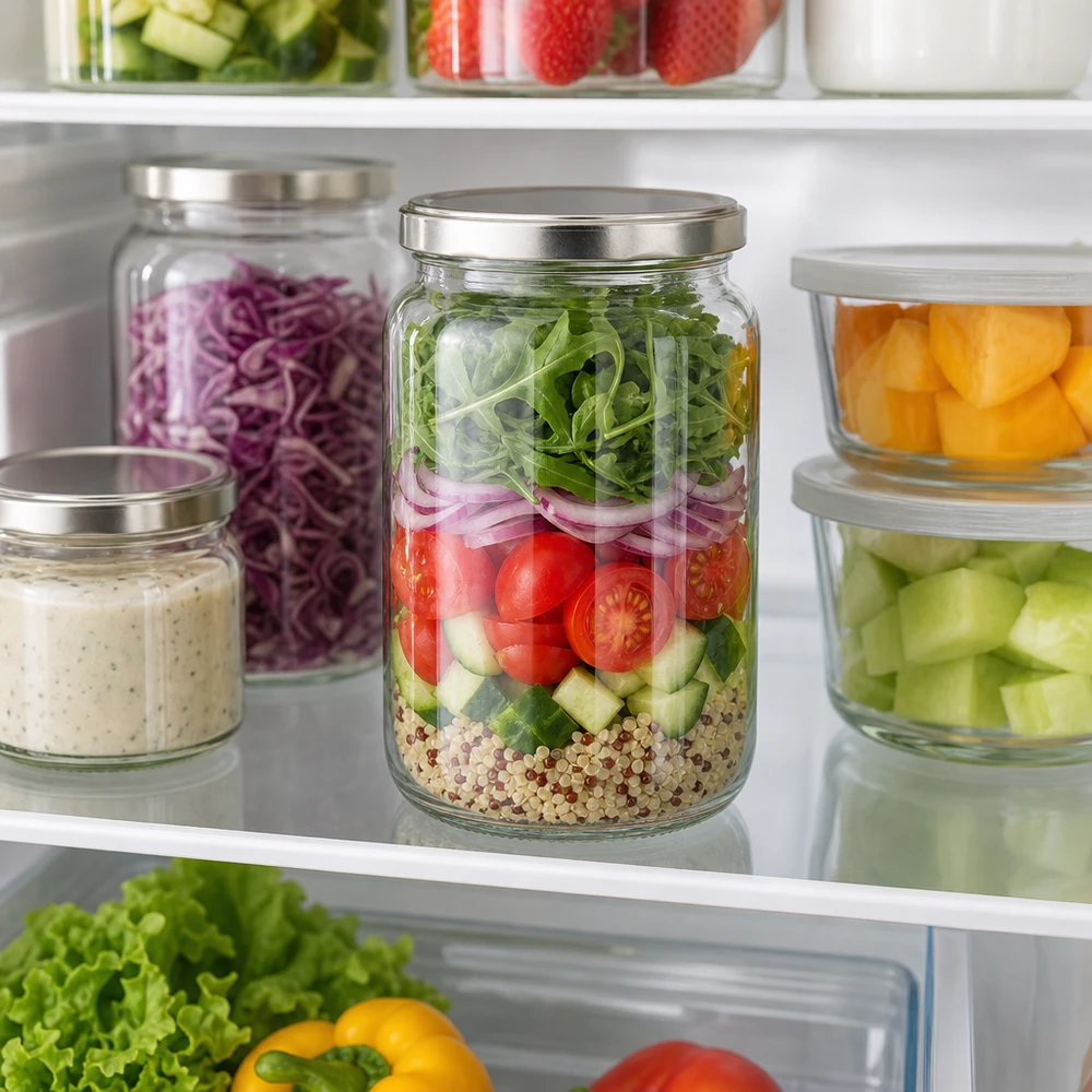 Pot rond de 795 ml avec couvercle BasicSeal argenté comme récipient Meal Prep dans le réfrigérateur rempli de salade en couches