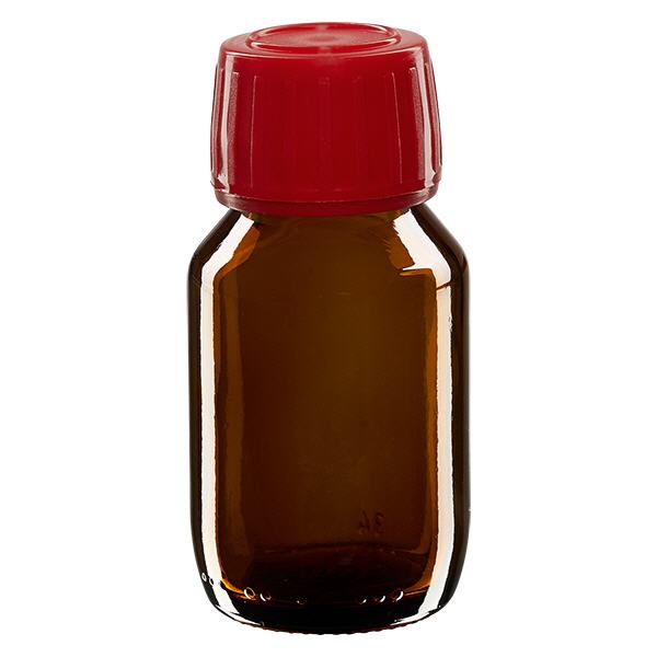 Flacon médical 50 ml couleur ambrée avec bouchon rouge Flacon médical 50 ml couleur ambrée avec bouchon rouge