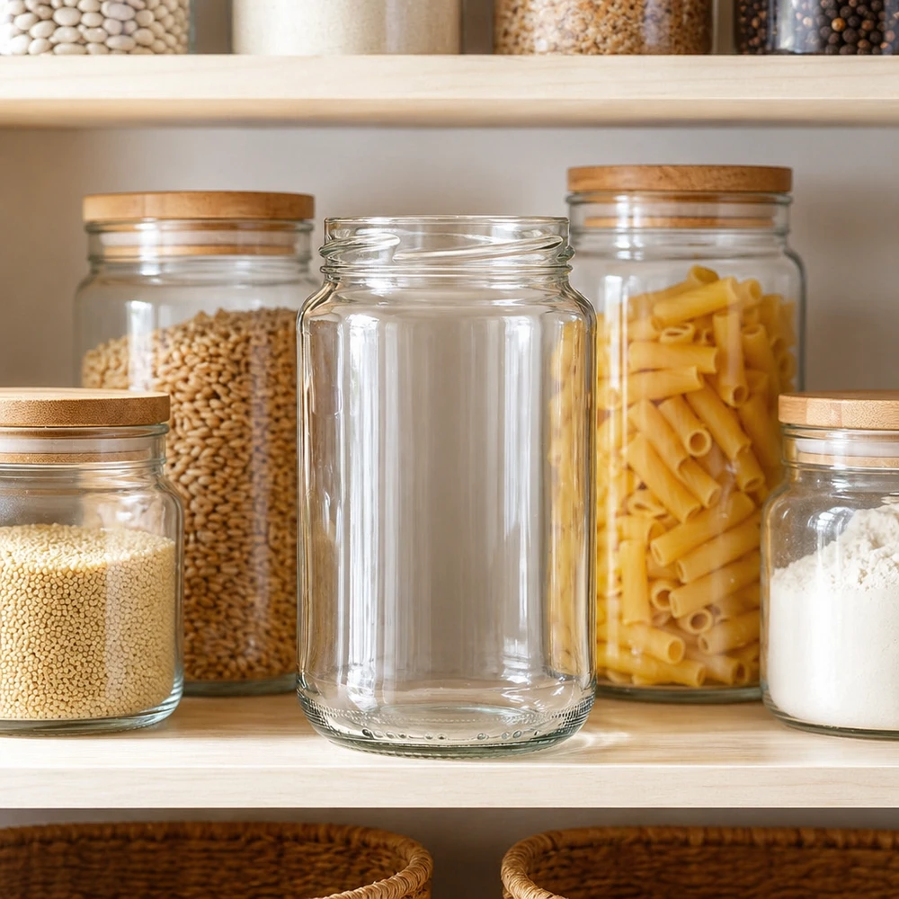 UNiTWIST Runda375 Verre rond 375ml TO63 dans un garde-manger organisé entre les bocaux de conservation remplis de pâtes et de légumes.