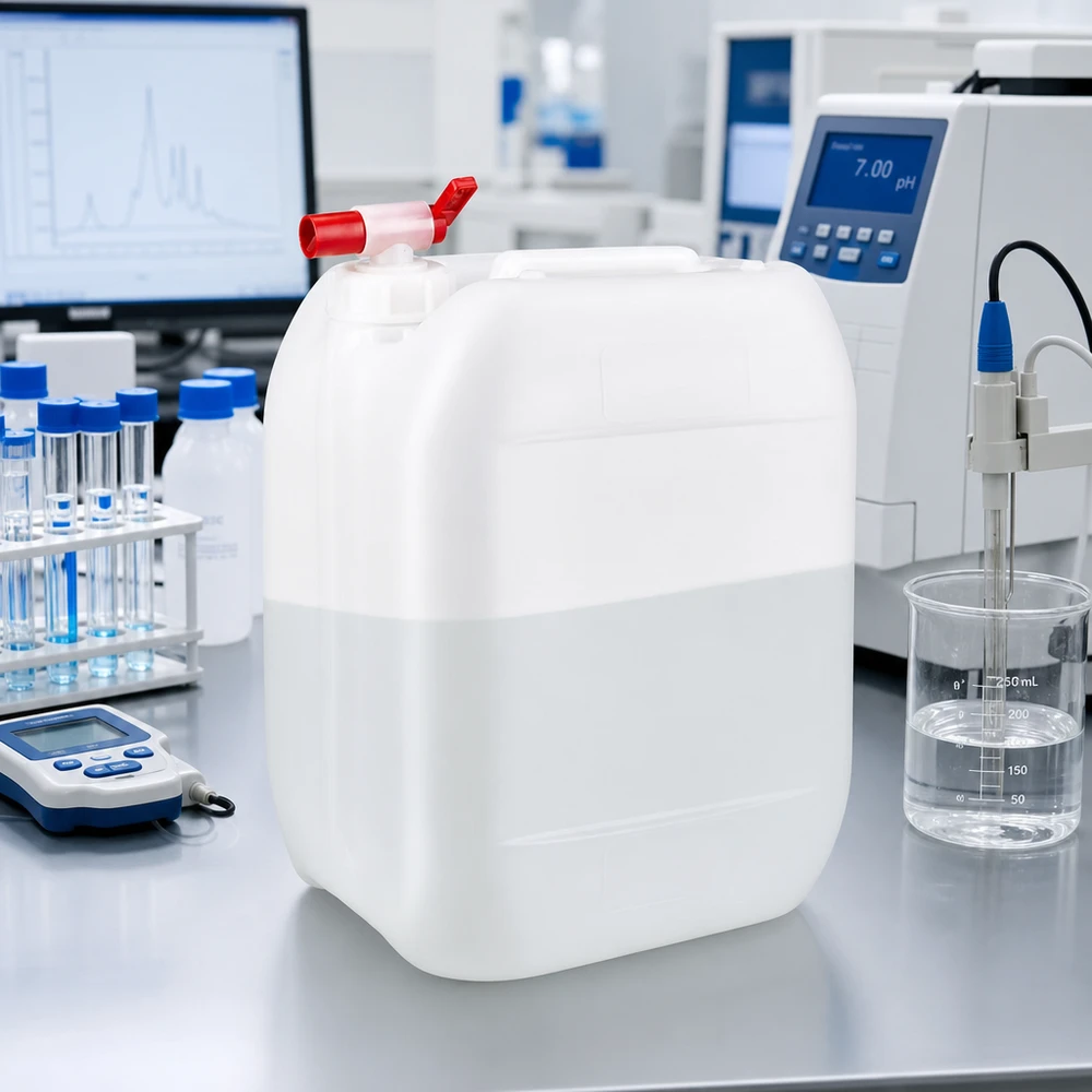 Jerrican de 10 litres avec robinet Bidon de laboratoire blanc de 10 litres muni d'un robinet rouge, à côté d'un pH-mètre et d'un bécher