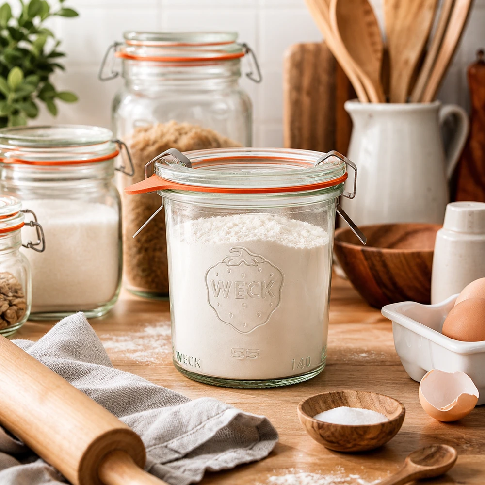 140ml bocal conique complet WECK RR60 WECK Verre renversé 140ml RR60 rempli de farine dans Cuisine avec ingrédients de cuisson œufs rouleau à pâtisserie et ustensiles en bois pour la cuisson