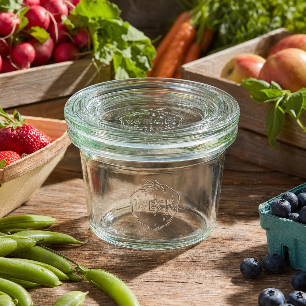 WECK Verre renversé 35ml RR40 vide avec couvercle en verre entouré de fruits et légumes frais sur une table en bois rustique