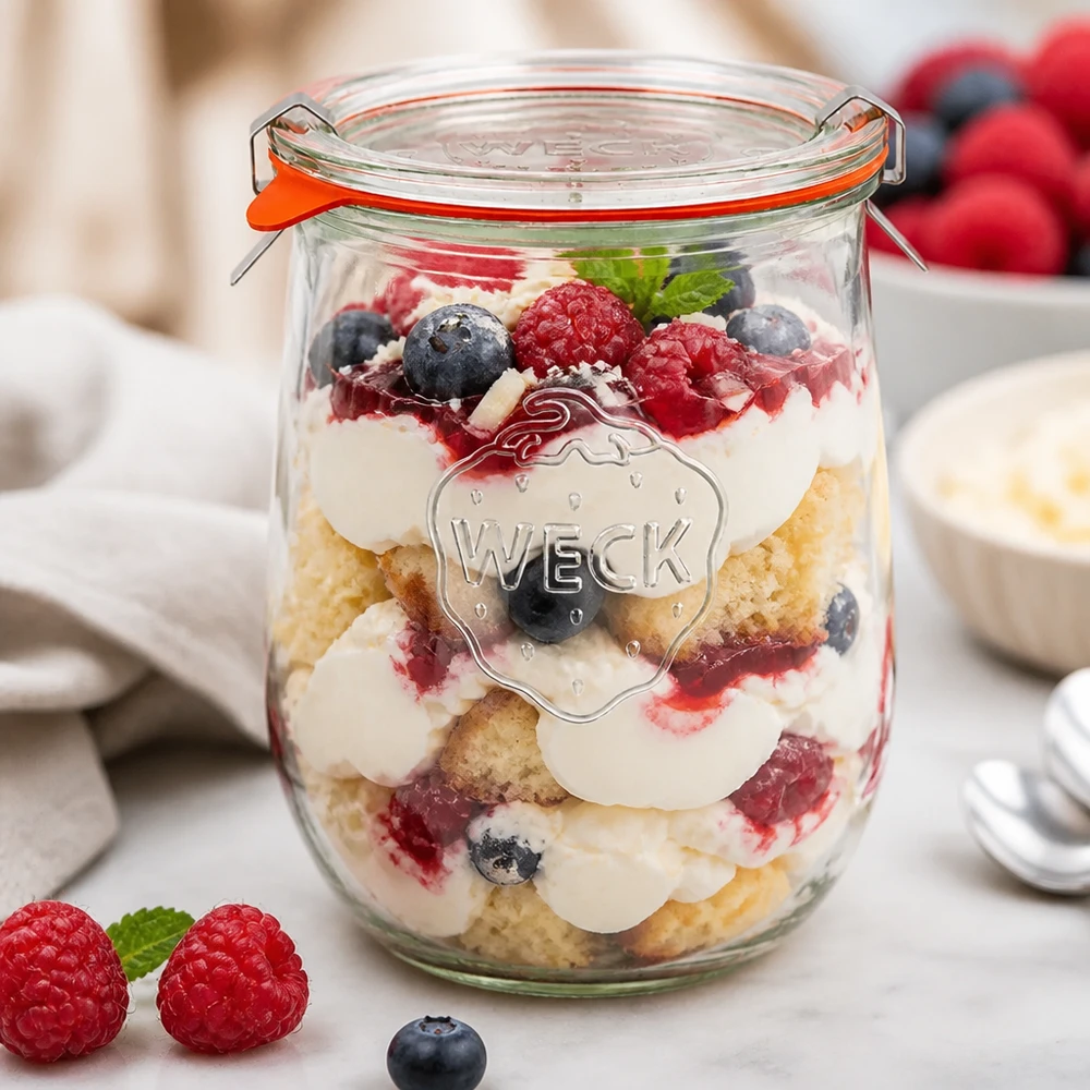 WECK Pot à tulipe 1062ml RR100 comme verre à dessert pour trifle avec crème aux baies et fond de tarte dans le dessert en couches