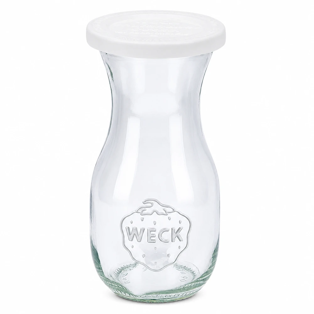 Bouteille à jus de 290 ml avec couvercle fraîcheur WECK RR60 WECK Bouteille de jus 290ml avec couvercle fraîcheur blanc RR60 en verre transparent avec logo en relief