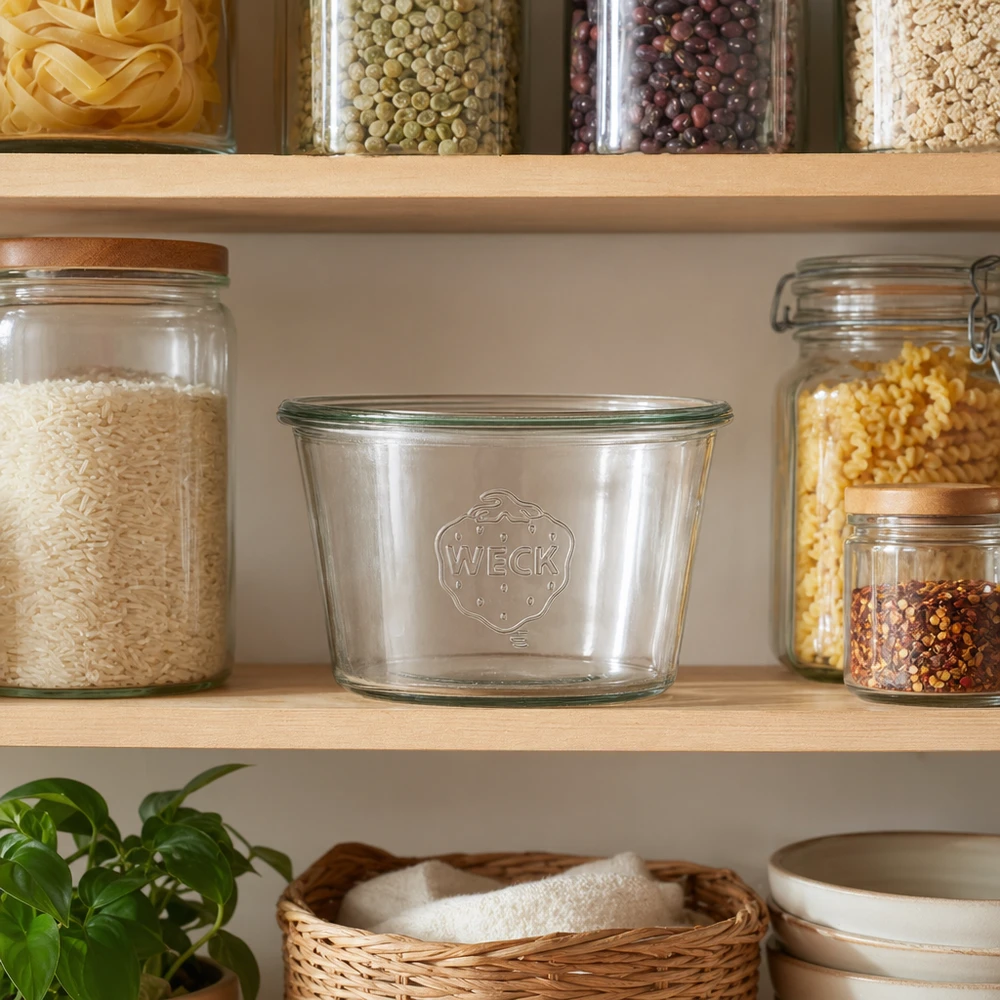 370ml bocal conique WECK RR100 370ml WECK Pot renversé RR100 dans étagère de cuisine avec bocaux de stockage pour aliments et conservation durable