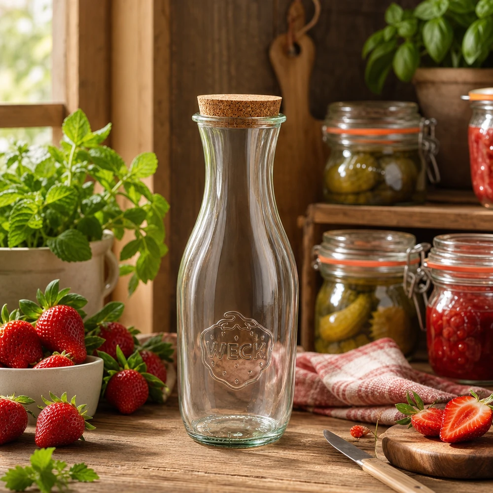 WECK Bouteille en verre 1062ml dans une cuisine rustique décorée avec des fraises fraîches et des bocaux de conserve