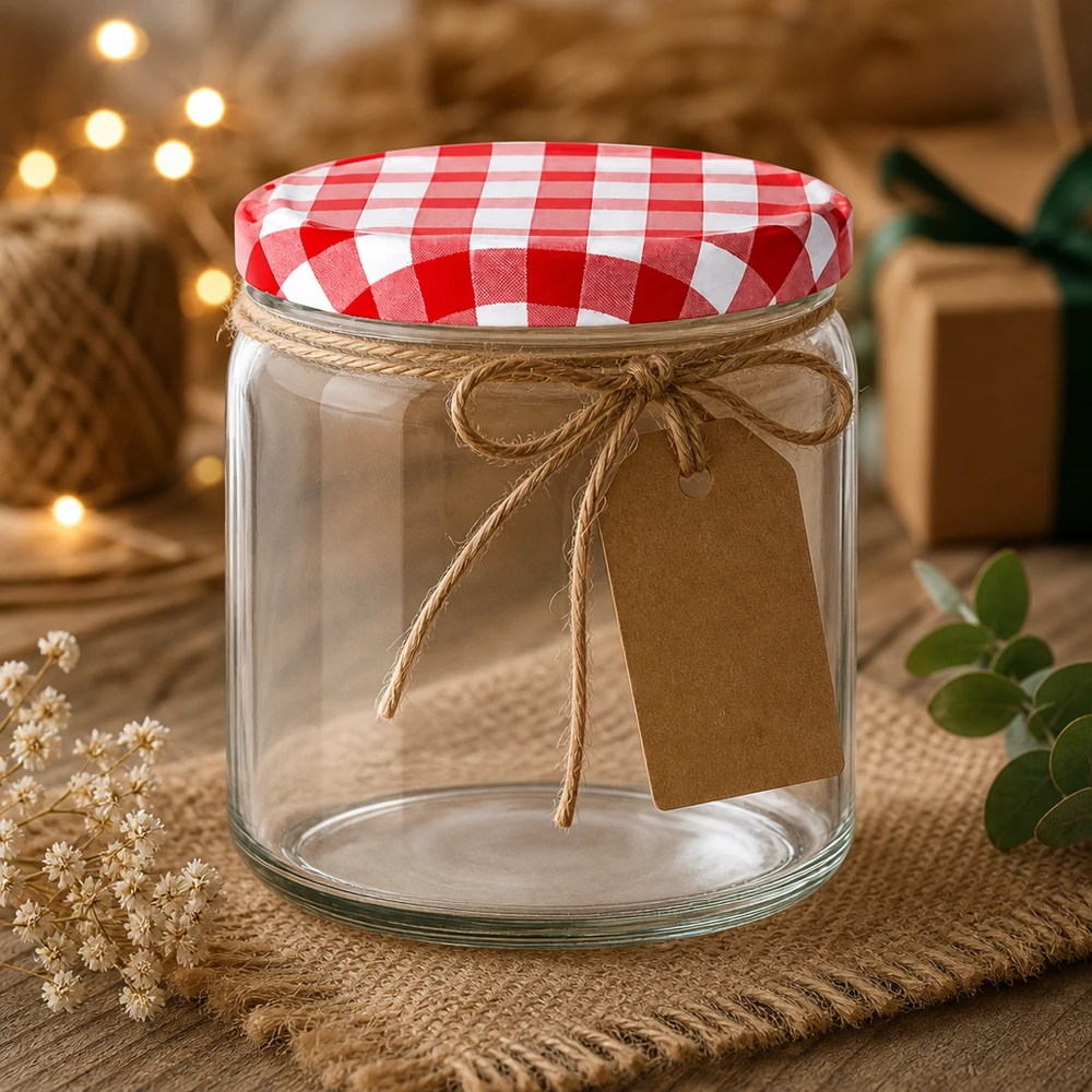 408ml Verre rond avec couvercle BasicSeal rouge/blanc UNiTWIST 408ml verre rond arrangé de façon décorative avec ruban cadeau en jute et pendentif en papier kraft BasicSeal couvercle rouge blanc à carreaux