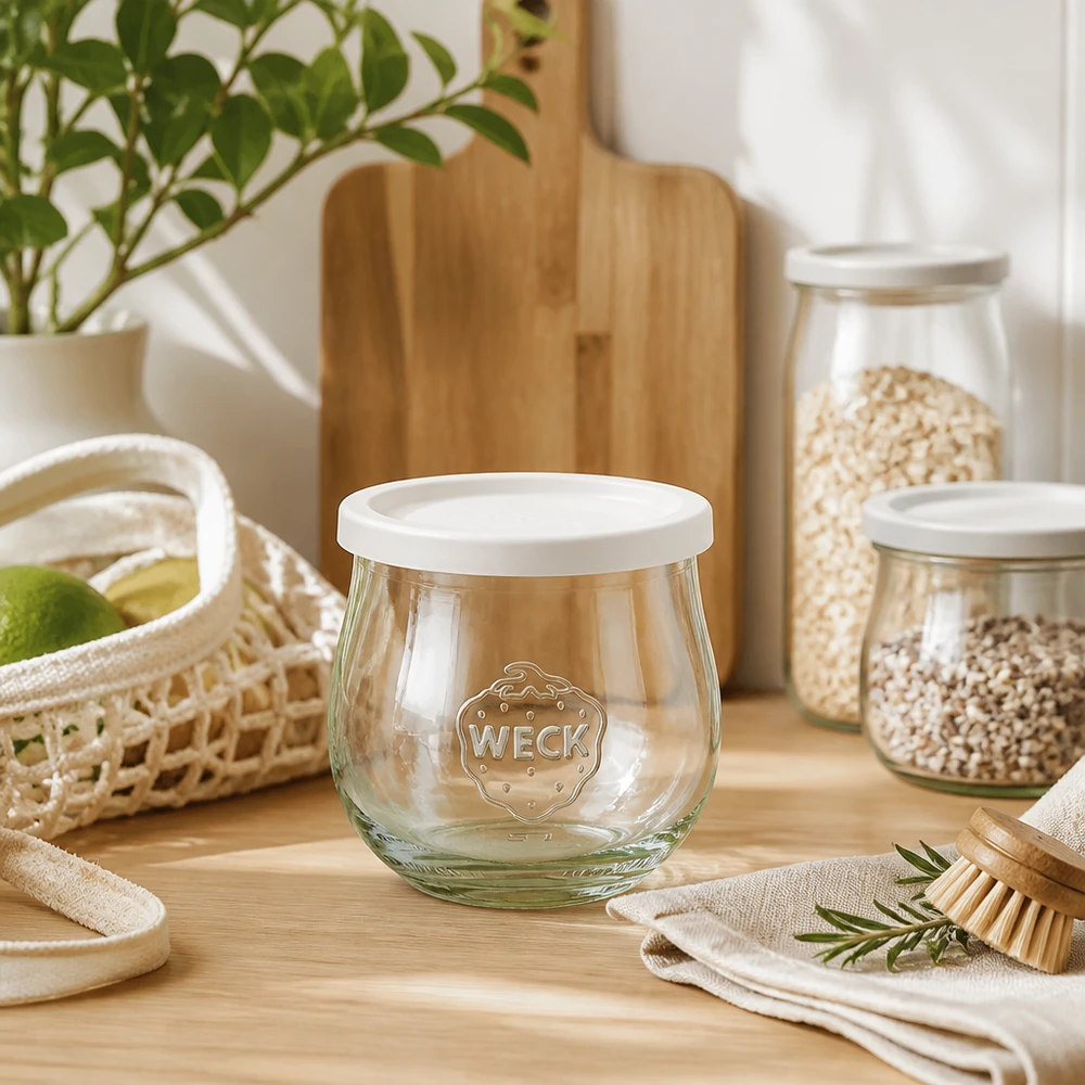 WECK Pot tulipe 370ml RR80 mis en scène de manière décorative dans une atmosphère de cuisine naturelle avec des ustensiles en bois et des bocaux à provisions