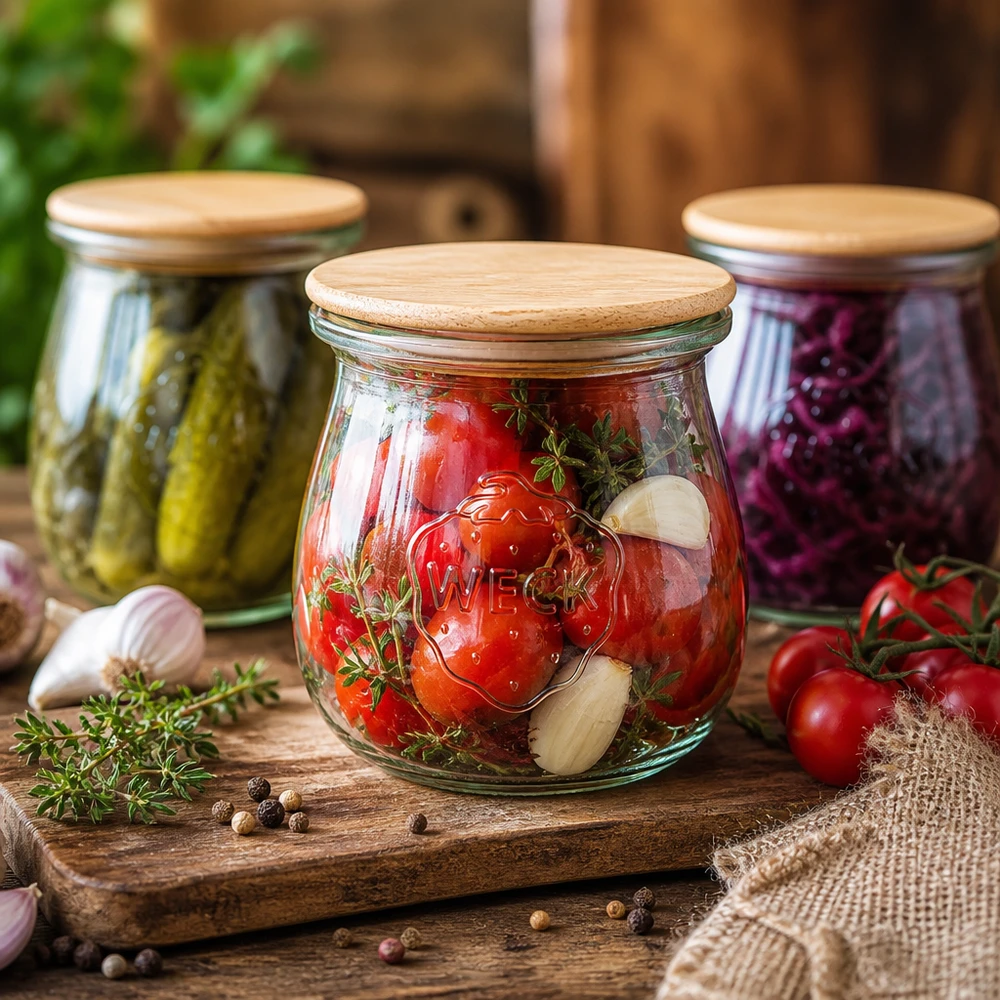 Pot tulipe 75ml WECK RR40 avec couvercle en bois WECK Pot tulipe RR40 75ml bocaux avec couvercle en bois pour tomates confites concombres et betteraves rouges bocaux à provisions