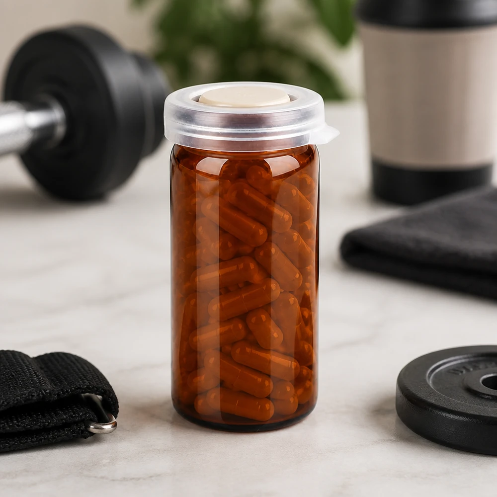 Flacon en verre pharmaceutique brun de 10 ml avec bouchon à encliqueter et gélules orange, devant un banc de musculation et du matériel de sport