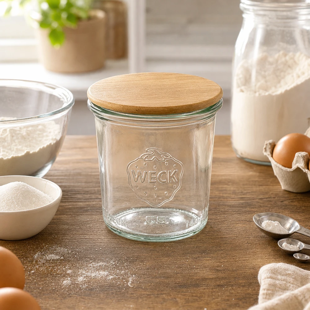 140ml bocal conique WECK RR60 avec couvercle en bois WECK Bocal 140ml RR60 avec couvercle en bois dans la cuisine avec farine, œufs et ingrédients pour la pâtisserie.