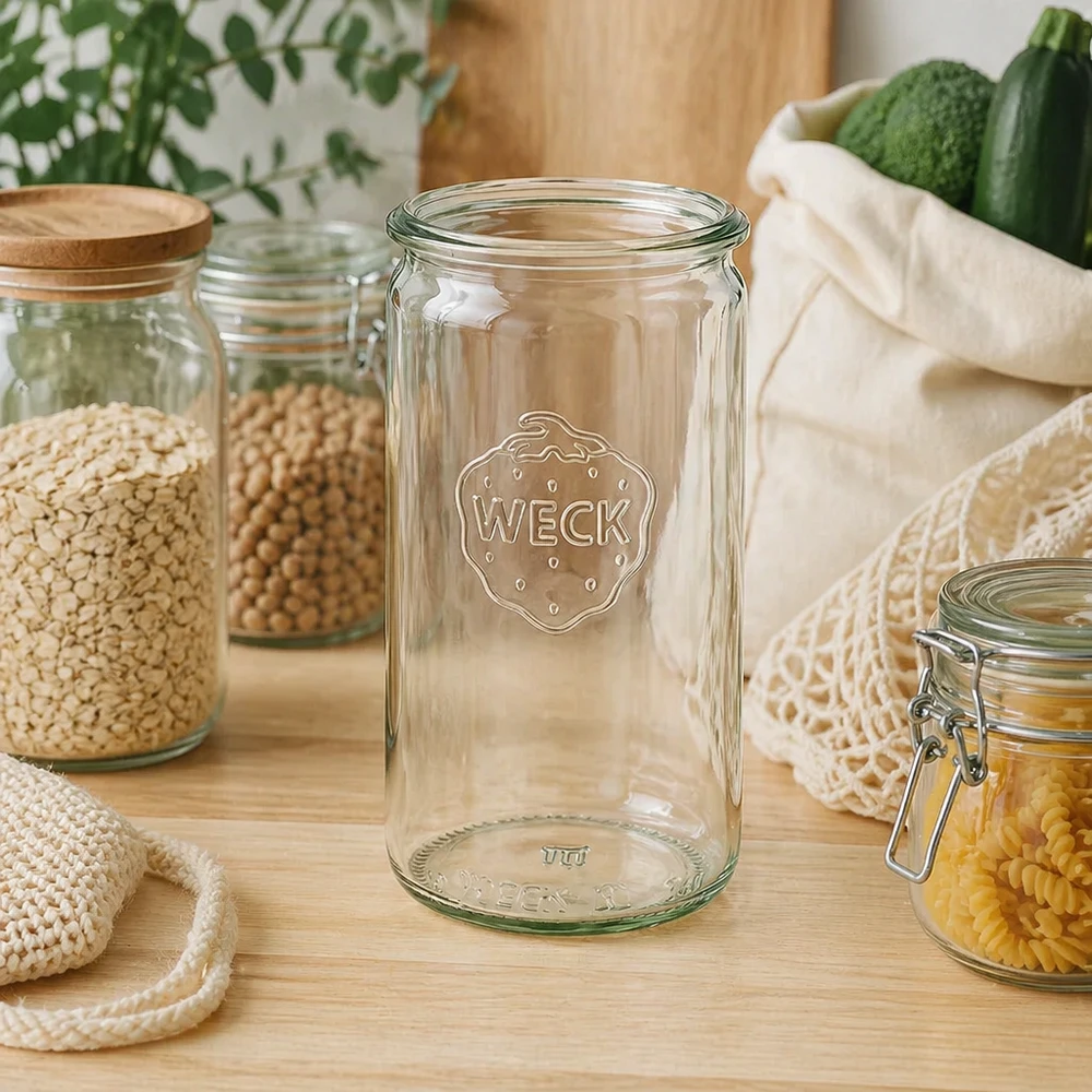 WECK Verre cylindrique 340ml RR60 dans une cuisine durable zéro déchet avec des bocaux à provisions et des sacs en coton