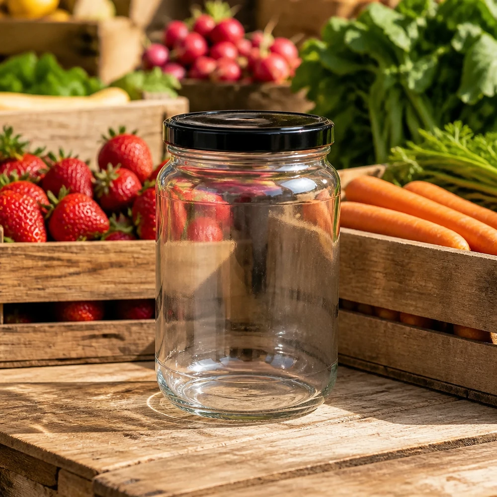 1700ml Verre rond avec couvercle BasicSeal noir UNiTWIST Bocal rond vide 1700ml BasicSeal couvercle noir étal de marché fruits frais légumes bocaux conservation